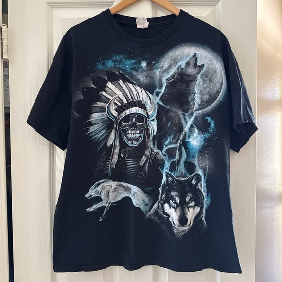 Vintage Men’s Native Blue Indian Skull Wolf & Moon Graphic Tee Sz XL - Picture 1 of 7